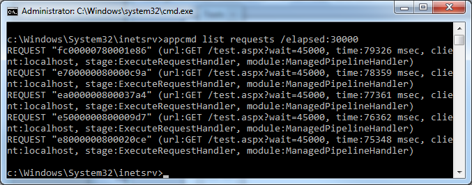 List hanging requests on IIS